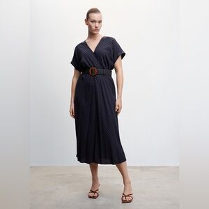 Navy Pinstripe Faux Wrap MIDI Dress Linen Blend